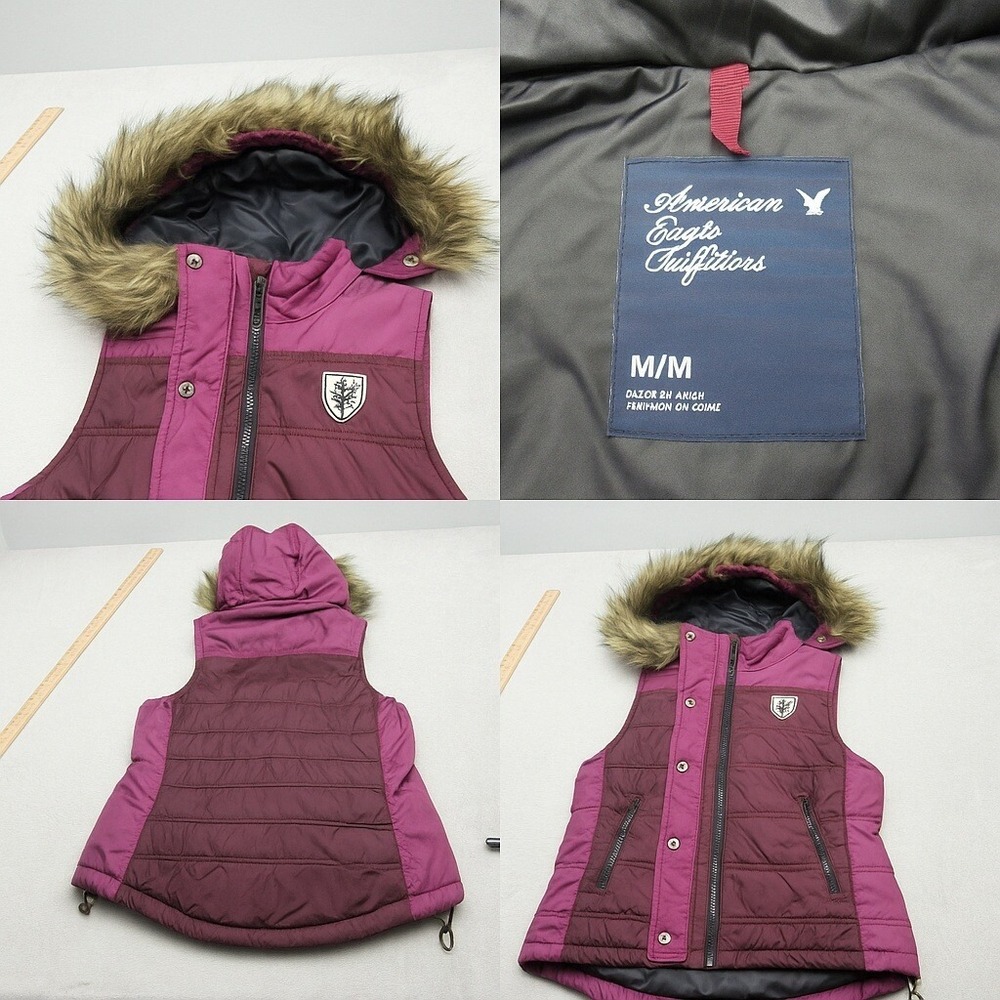 American Eagle Vest Women Medium Purple Faux Fur Hood Trim Insulated Puffer